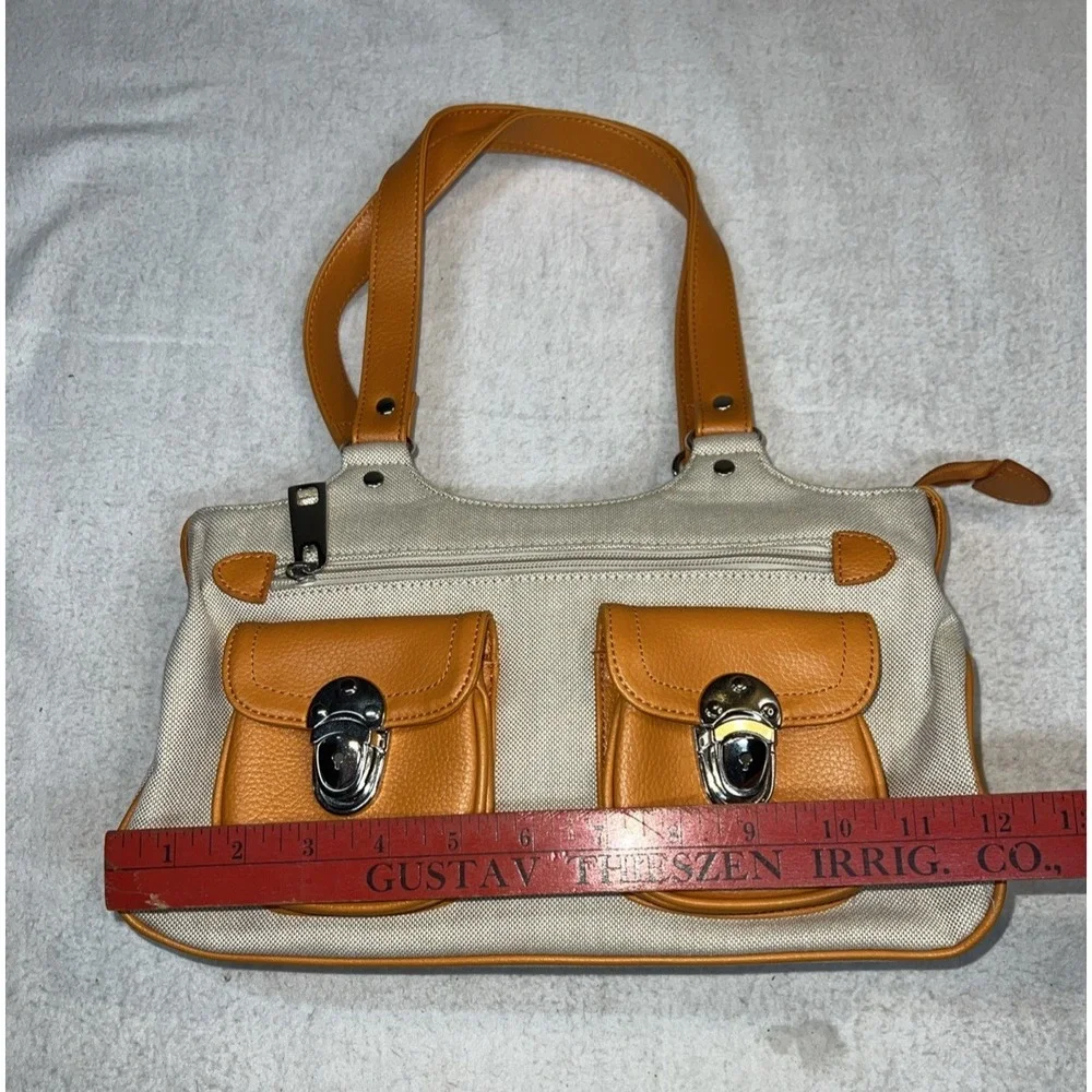Zipper Hobo Bag Purse Pocketbook Linen Leather Orange Tan Pockets